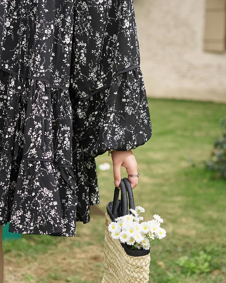 Floral Print Flounce-Edge Loose Dress with Flare Sleeves - fashionshopsco