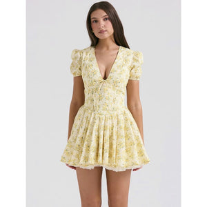 Summer Flair Deep V Floral Puff Sleeve Dress - fashionshopsco