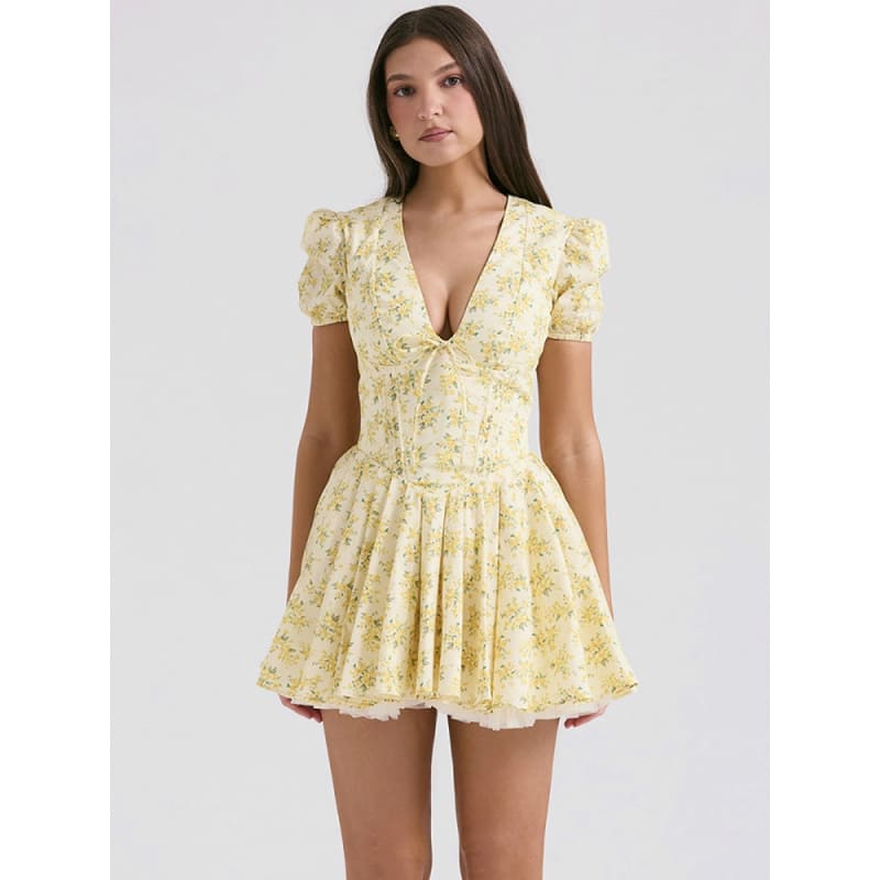 Summer Flair Deep V Floral Puff Sleeve Dress - fashionshopsco