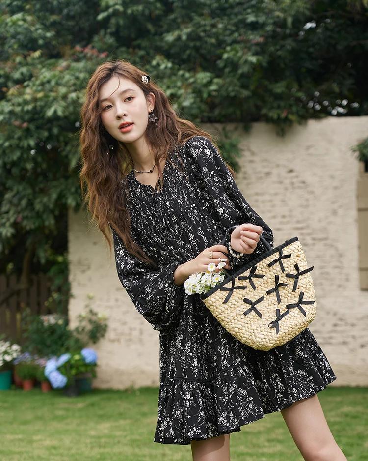 Floral Print Flounce-Edge Loose Dress with Flare Sleeves - fashionshopsco