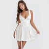 White Backless Satin Mini Dress with Deep V Neck and Belt - fashionshopsco