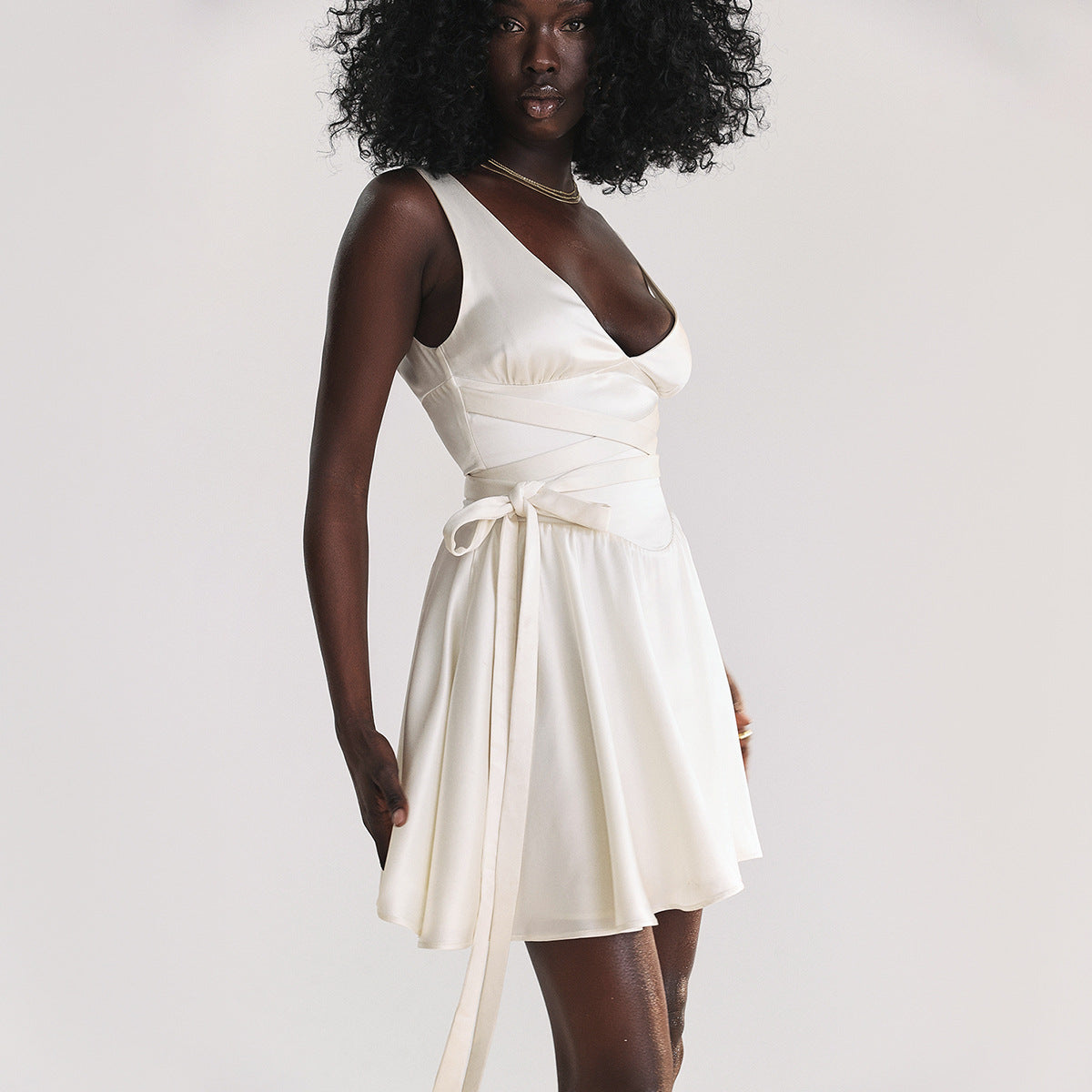 White Backless Satin Mini Dress with Deep V Neck and Belt - fashionshopsco
