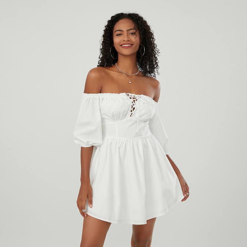 Summer Chic Off-Shoulder Mini A-Line Dress with Puff Sleeves - fashionshopsco