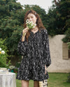 Floral Print Flounce-Edge Loose Dress with Flare Sleeves - fashionshopsco
