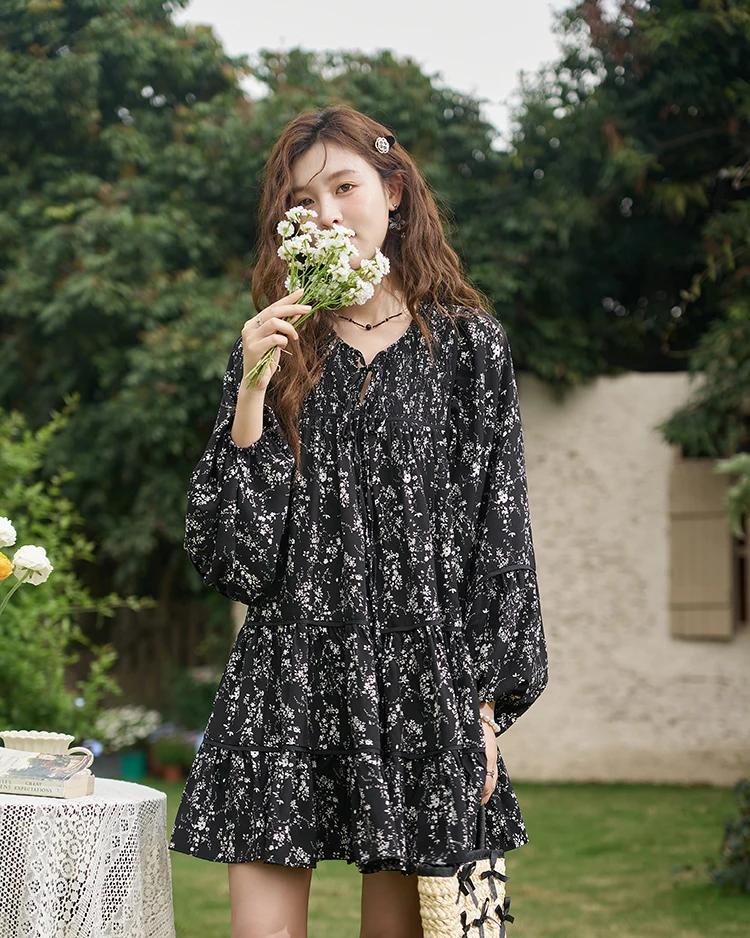 Floral Print Flounce-Edge Loose Dress with Flare Sleeves - fashionshopsco