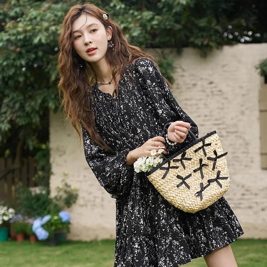 Floral Print Flounce-Edge Loose Dress with Flare Sleeves - fashionshopsco