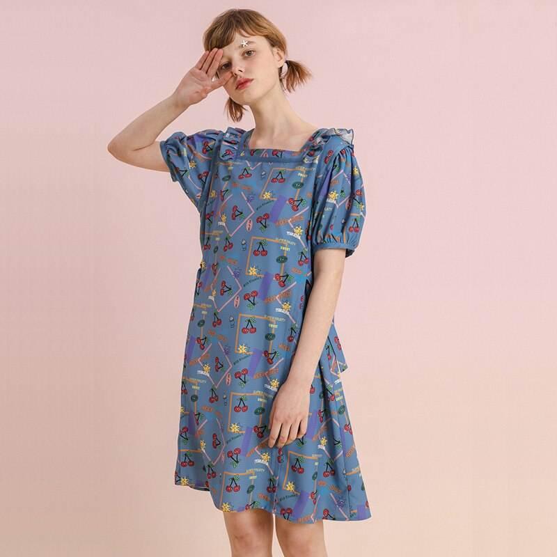 Summer Chiffon Knee-Length Dress with Puff Sleeves and Fruit Print - fashionshopsco