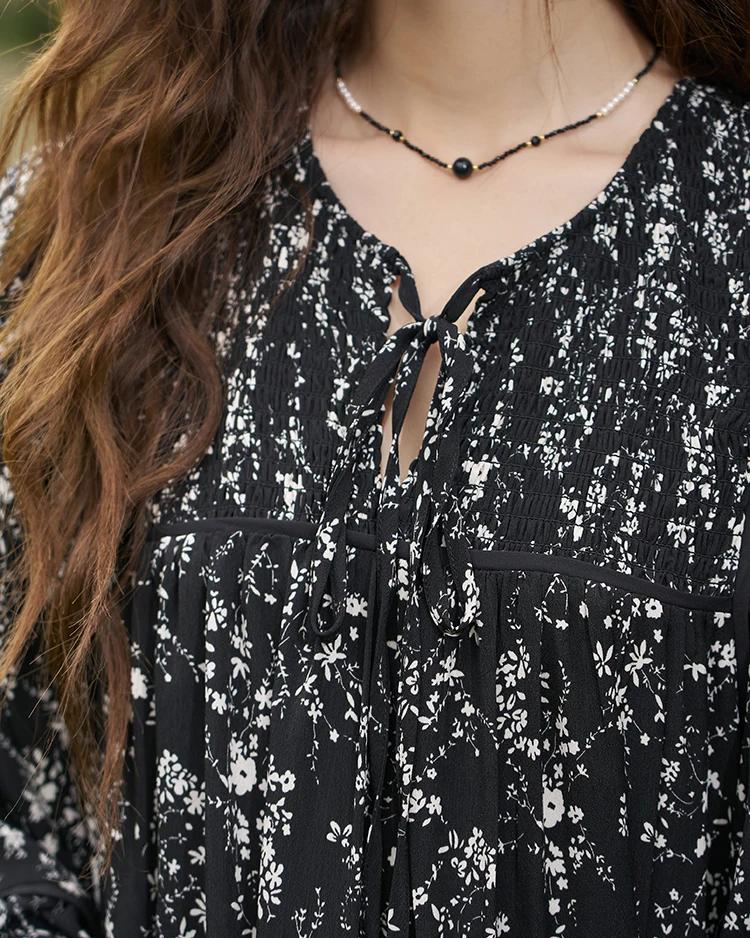 Floral Print Flounce-Edge Loose Dress with Flare Sleeves - fashionshopsco