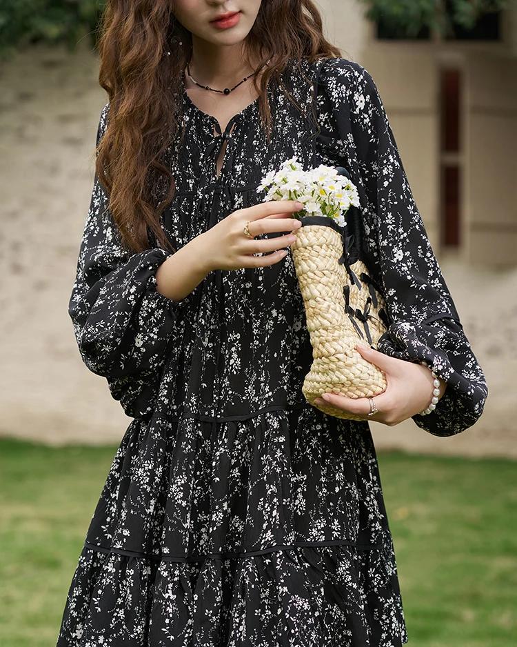 Floral Print Flounce-Edge Loose Dress with Flare Sleeves - fashionshopsco