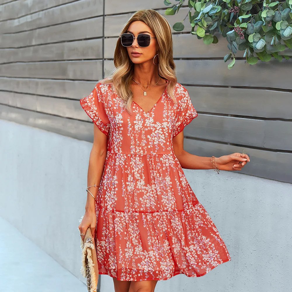 V-Neck Chiffon Dress with Ruffled Edges and Flying Sleeves - fashionshopsco